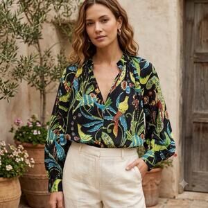 Fitzroy & Willa Boho Bird Print Blouse Split V-Neck Long Sleeve Size Small S